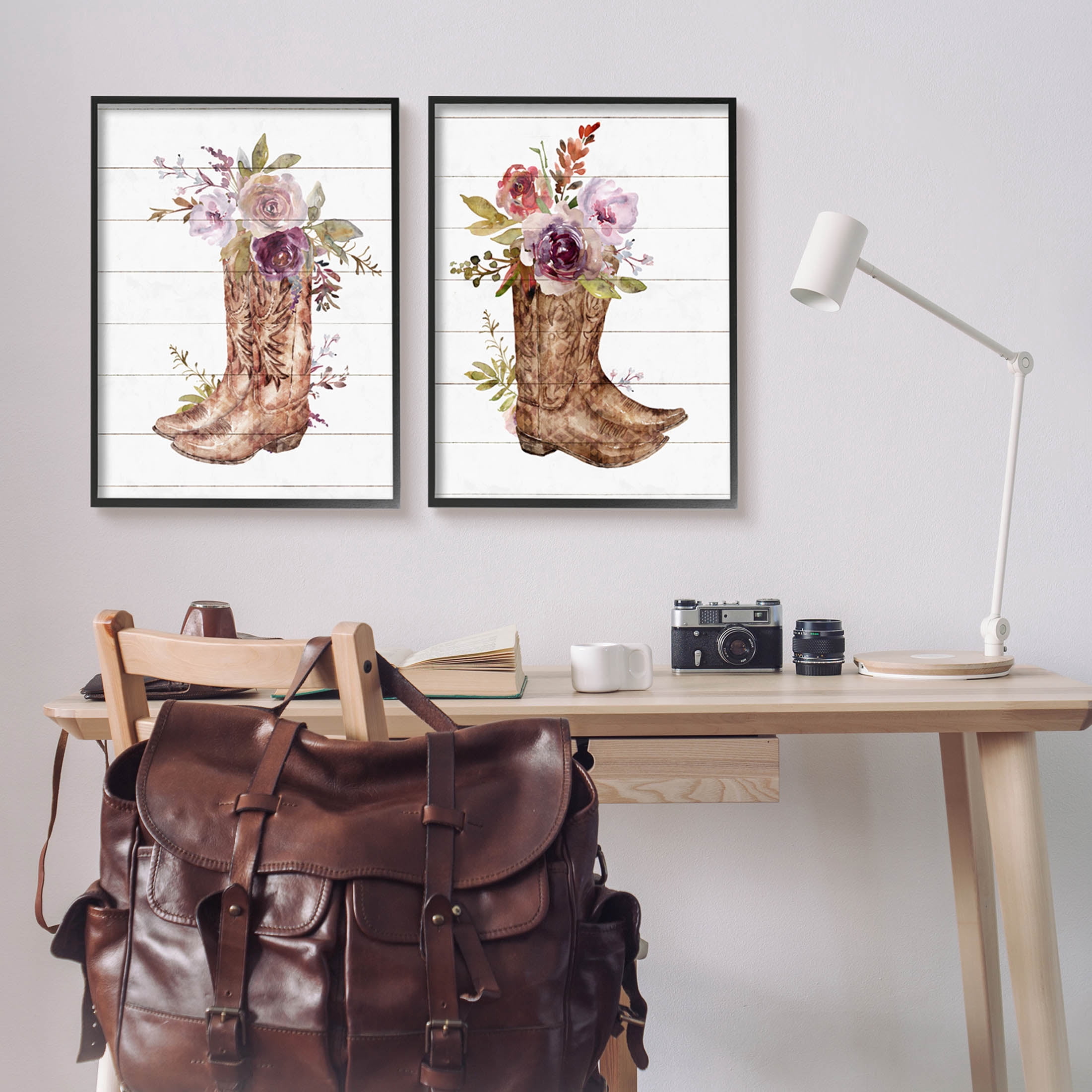 Stupell Industries Country Floral Boho Boots Graphic Art Black Framed Art Print Wall Art, Set of 2, Design by Nina Blue