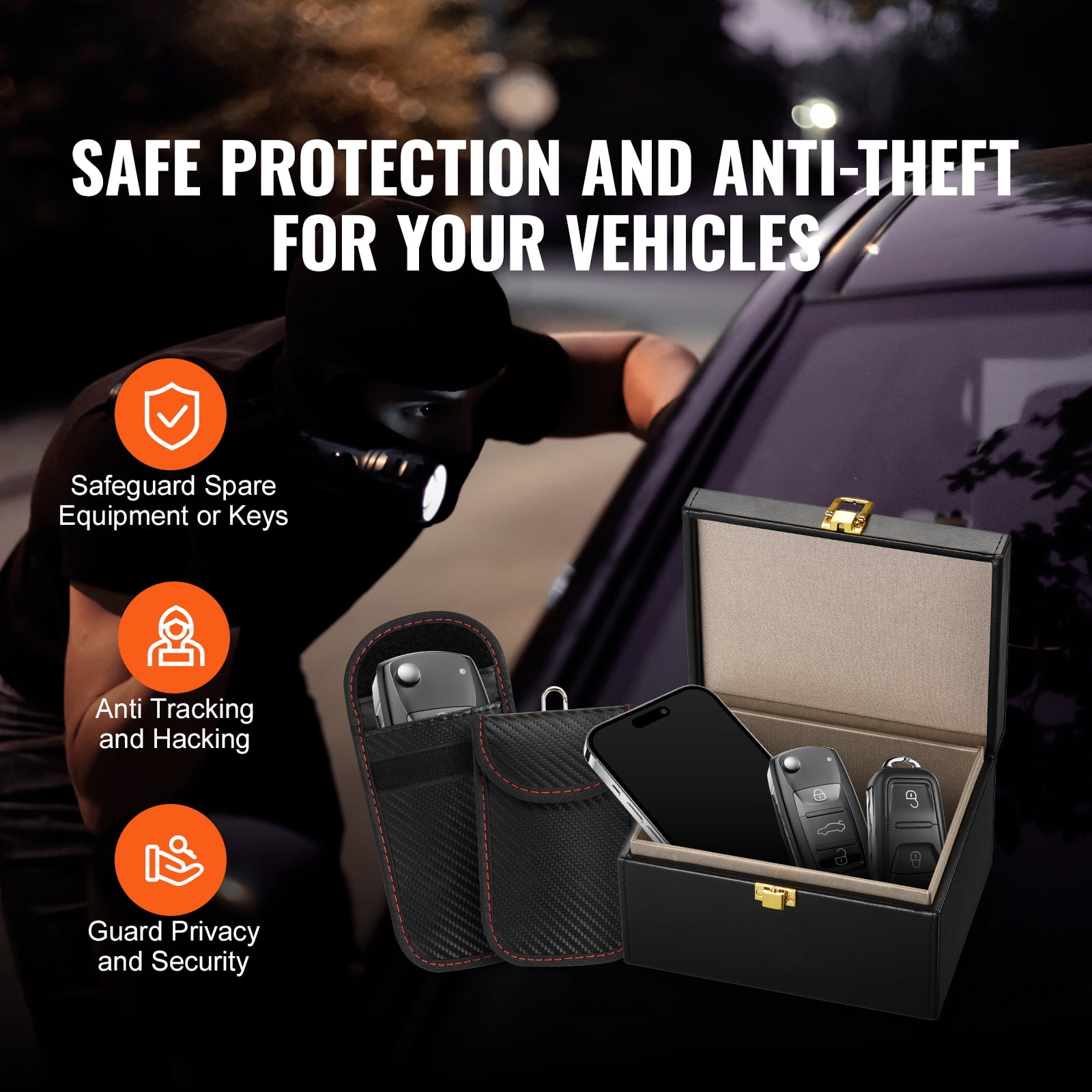 KFFKFF Faraday Container, Synthetic Leather, Signal Interruption Case, Includes Dual Key Pouches, Guards Against WiFi, RFID, GPS, Bluetooth & 5G, Security Box with Anti-Theft