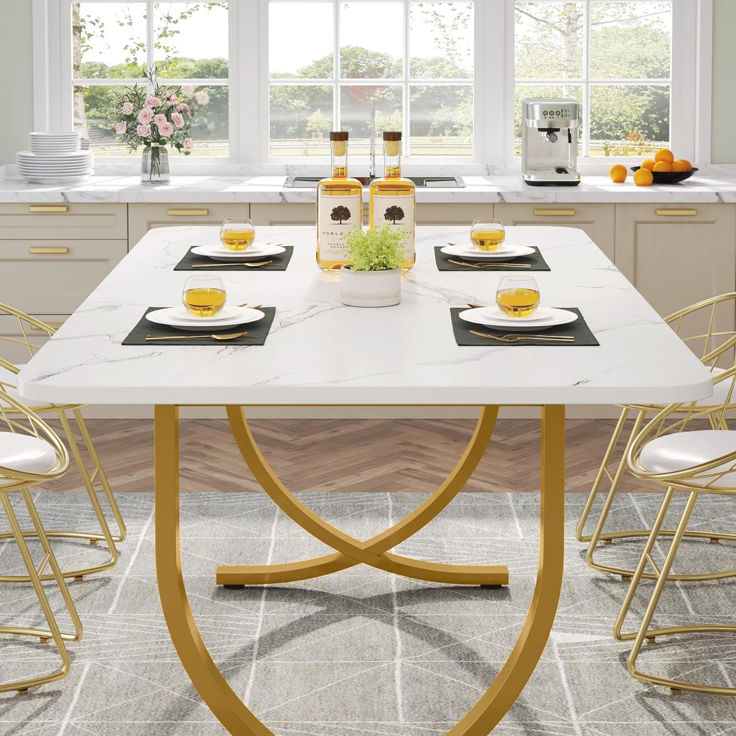 Finmind Rectangular Dining Table for 4 to 6, 63-Inch White and Gold Modern Kitchen Table with Faux Marble Table Top and Metal Legs for Dining Room, Kitchen or Living Room
