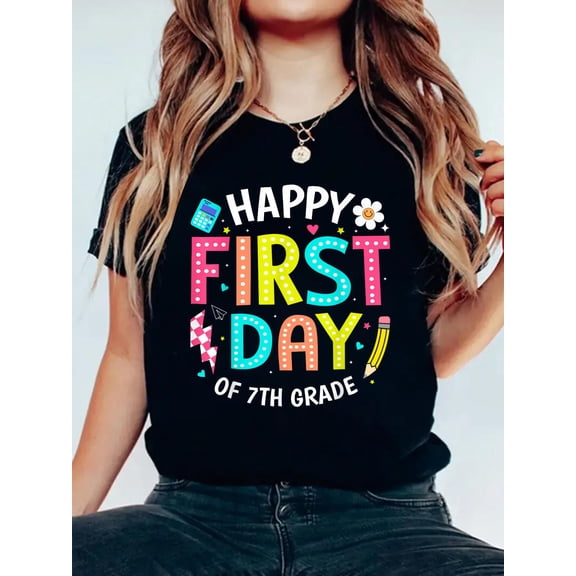 Happy First Day Of 7th Grade Teachers Back To School T-Shirt Graphic Tee summer Tops For Women Round Neck Fashion Cotton shirts