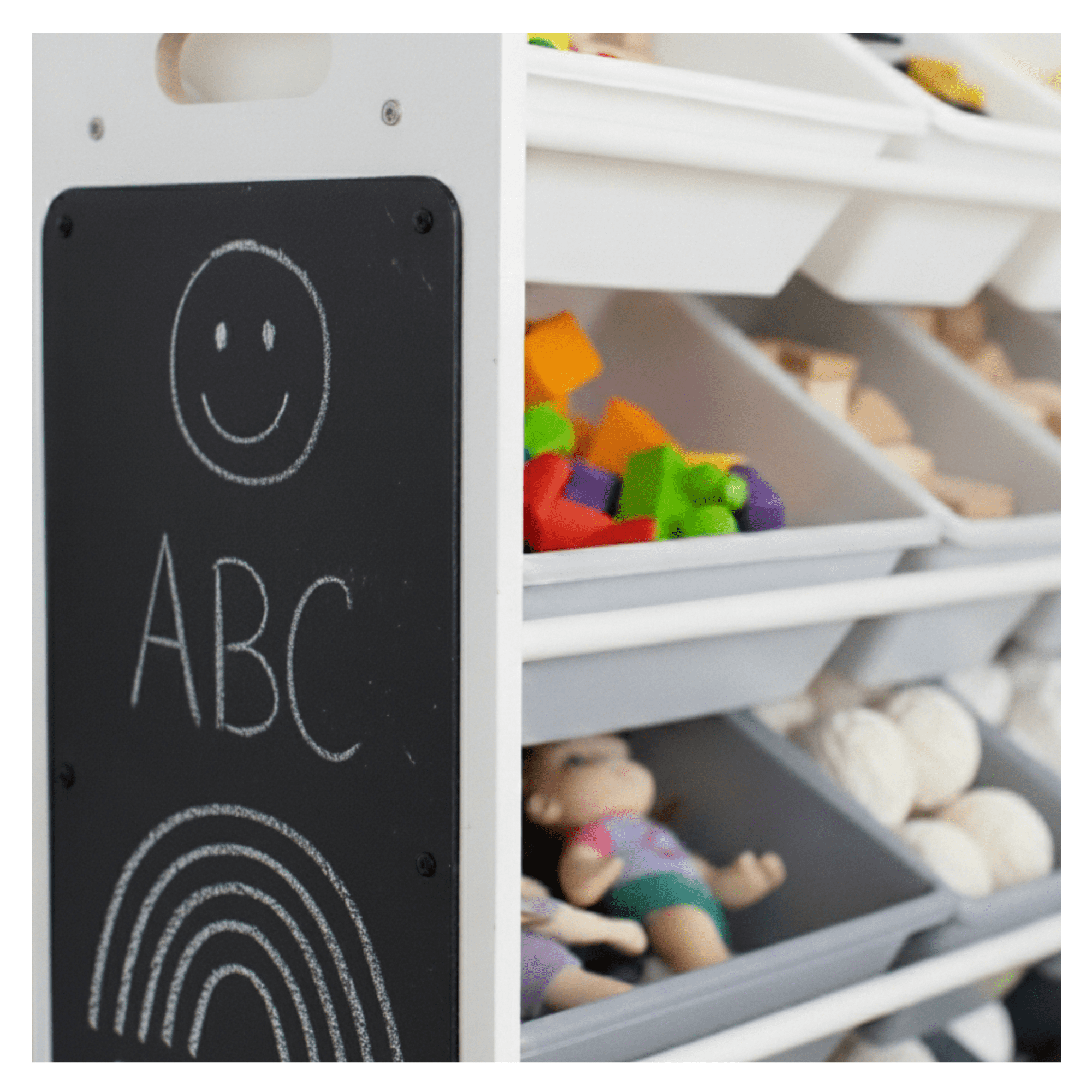 Humble Crew Storage Organizer with 16 Plastic Bins for Kids & Toddlers, White/Grey/Chalkboard