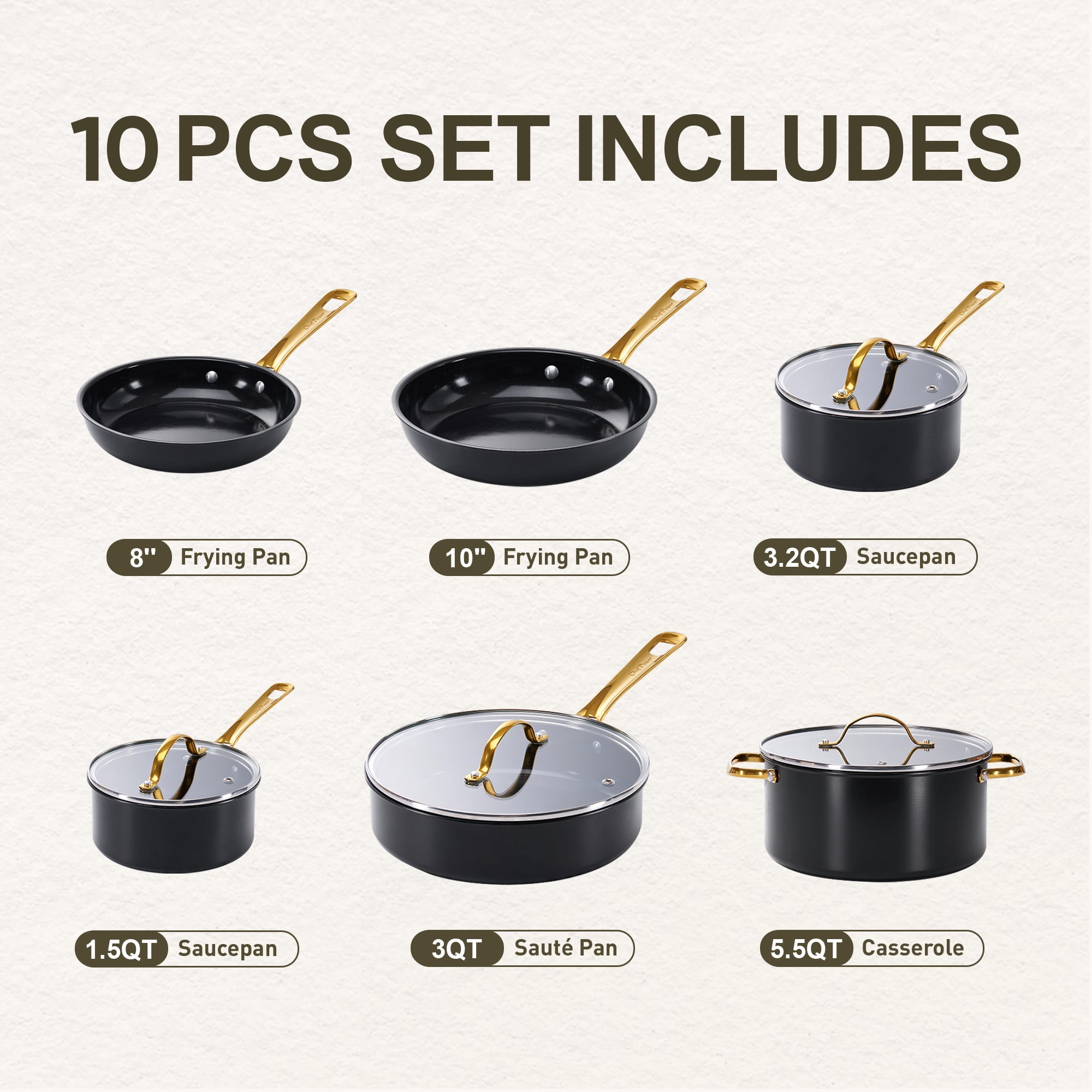 Chef Power Ceramic Cookware Sets, 10Pcs Pots and Pans Set Non Stick, Cookware Set with Stainless Steel Handle, Dishwasher & Oven Safe,Stone Black with Light Gold Handle