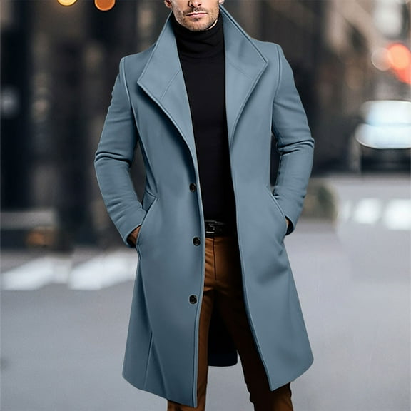 Men's Casual Trench Coat Slim Fit Notched Collar Long Jacket Overcoat Single Breasted Pea Coat wih Pockets Navy XL