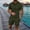 A Army Green, variant on Men's Summer Casual Breathable Tracksuits Short Sleeve Button Lapel Hollowed Out Shirts and Elastic Waist Shorts Solid 2 Piece Outfits for Daily Wear Gray M