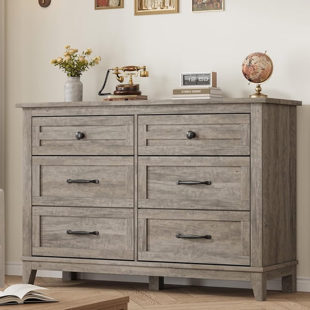 Commode 6 Tiroirs pour Chambre, Commode à Tiroirs de 47 Po de Large avec Rangement Autoportante, Coffre de Rangement en Bois pour Garde-Robe pour Salon, Chambre, Entrée, Gris
