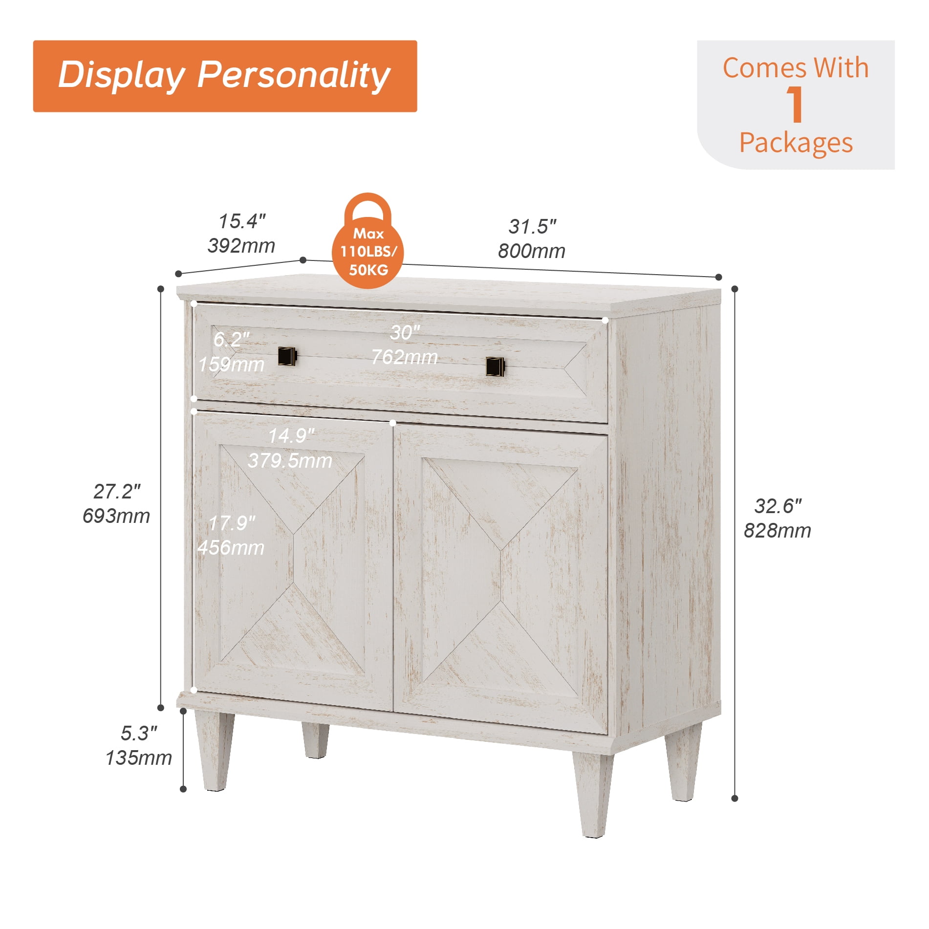 WAMPAT Handmade Patchwork 31.5" TV Stand with Cabinet, Fits up to 36" TV, White