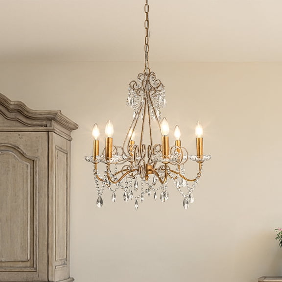 6-Lights Antique Gold Classic Candlestick Chandelier 22'' Mid-century French Style Pendant Light with Crystal Teardrop Beads