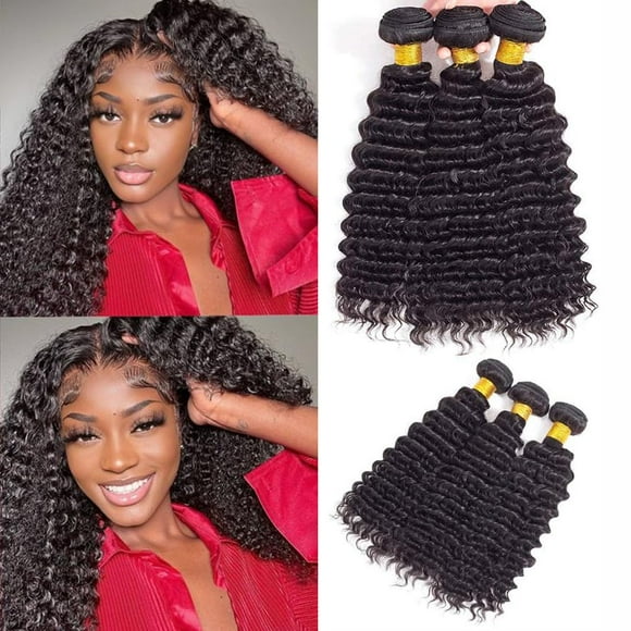 Datanala Brazilian Virgin 100% Unprocessed Deep Wave Human Hair Grade 12A Deep Wave Human Hair Bundles 12 14 16Inch Deep Curly Human Hair Weave Natural Bla