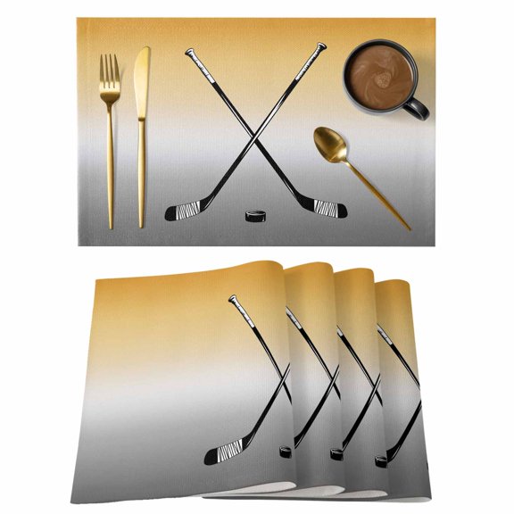 Yellow Gray Ombre Placemats Set of 12, Black Hockey Sticks Minimalist Style Placemats for Dining Table, Place Mats for Kitchen Tabletop, Waterproof Wipeable Dining Table Mats Set