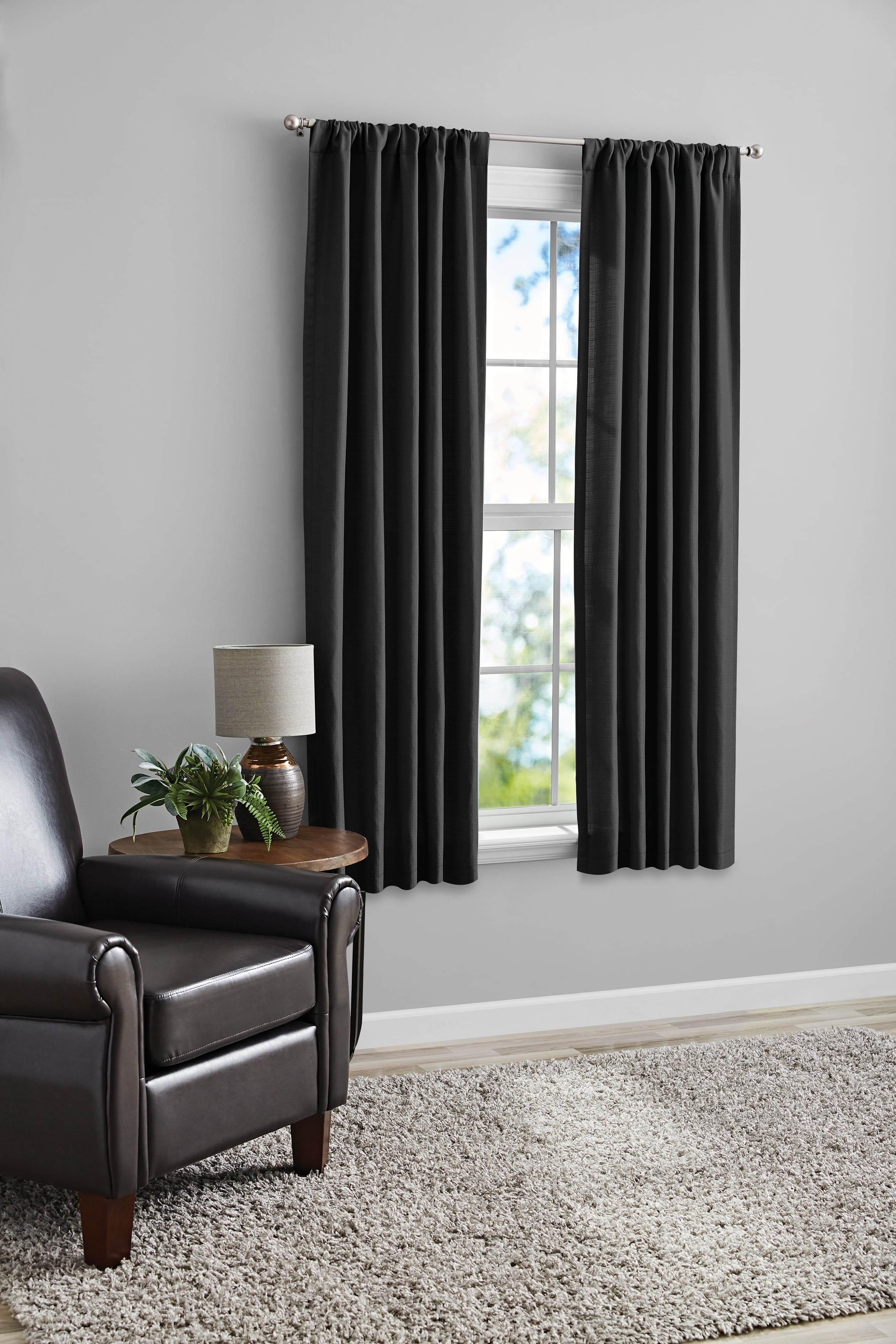 (2 pack) Mainstays Southport Light Filtering Rod Pocket Textured Curtain Panel, Set of 2, Charcoal Gray, 40” W x 63” L
