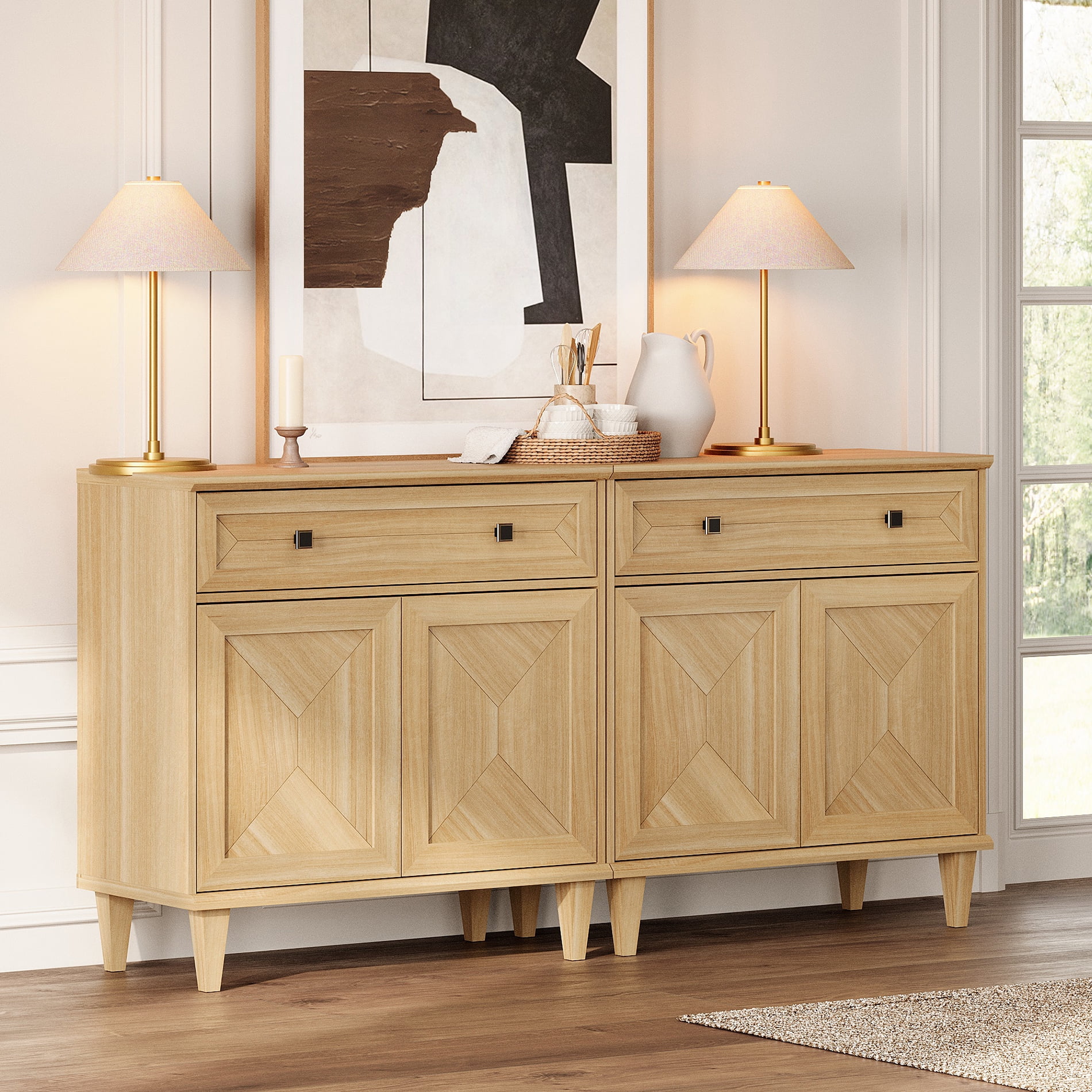 WAMPAT Handmade Patchwork Set of 2 Buffet Cabinets, Oak