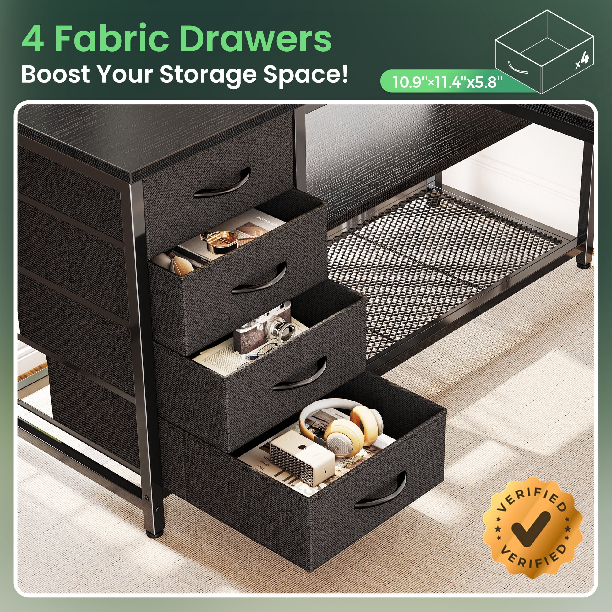 Amadwell 43 Inch L Shaped Desk with Power Outlets & Drawers, Reversible L-Shape Computer Desk