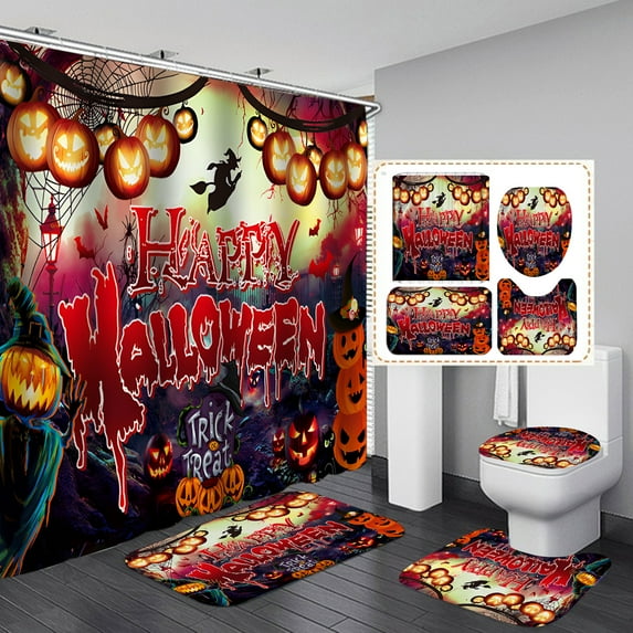 Halloween Bathroom Four-Piece Set with Shower Curtain,Bathroom Mat,U-Shaped Rug,Toilet Lid Cover,Happy Halloween Shower Curtain Set with 12pcs Hooks Accessories,Halloween Theme Bathroom Decor