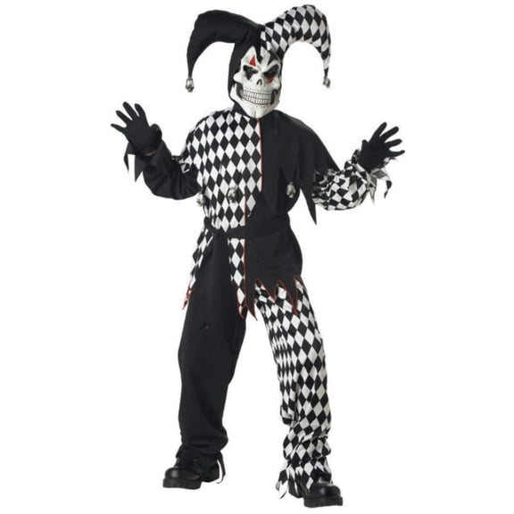 Childrens Scary Costume Boys Dark Evil Skull Faced Court Jester Prankster Black and White Kids Party Outfit with Mask