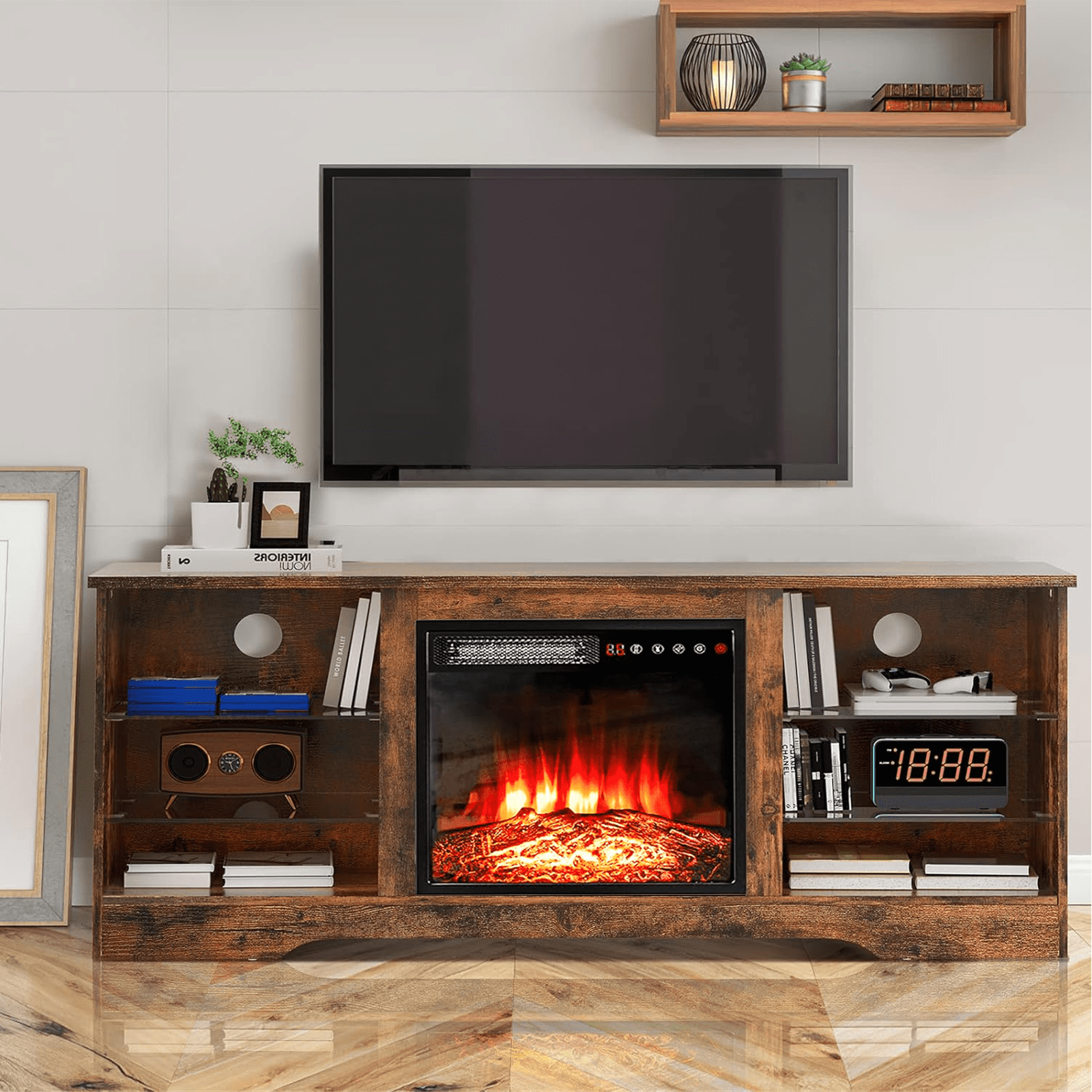 Waleaf Fireplace TV Stand with 18'' Fireplace for TVs up to 65 inch, Two Adjustable Glass Shelves