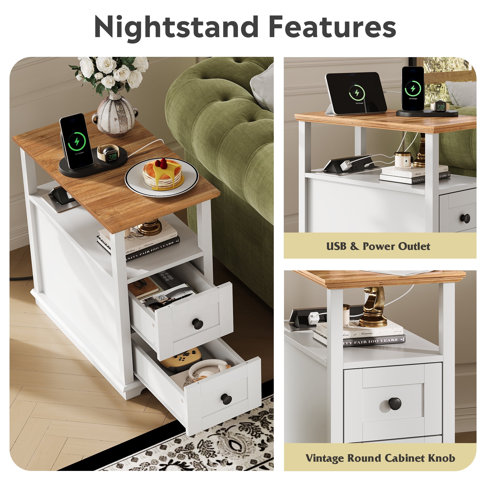 GALAXHERO Narrow Side Table with Charging Station Wooden End Table with 2 Drawers for Living Room, Bedroom, Small Space White