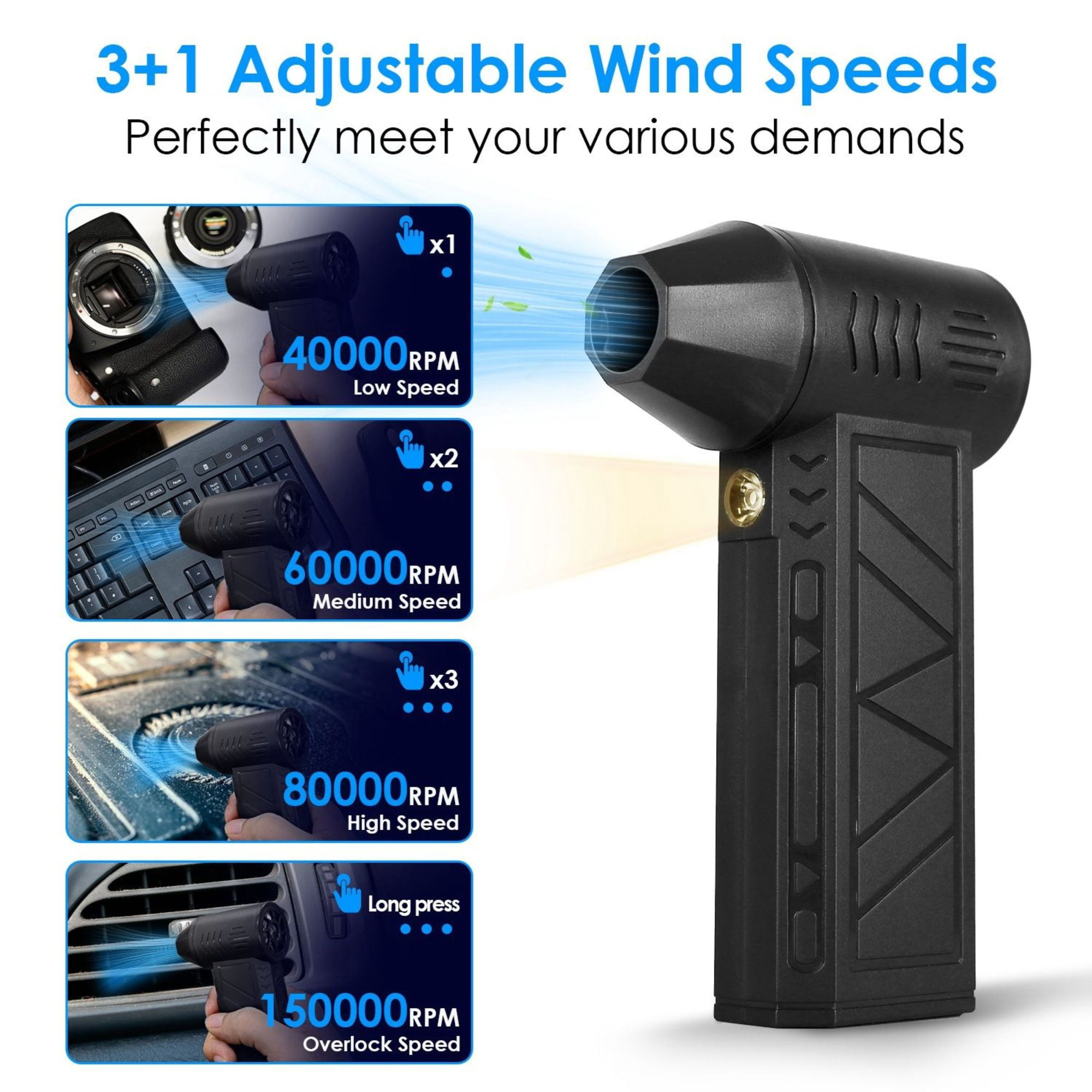 150000RPM Compressed Air Duster - 4-Speed Rechargeable Electric Blower