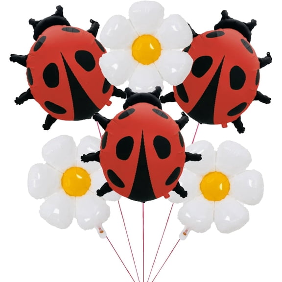 6 Pcs Ladybug and Daisy Foil Balloon Set Red Ladybug & White Daisy Mylar Balloons for Kids Birthday Garden Picnic Party Decorations