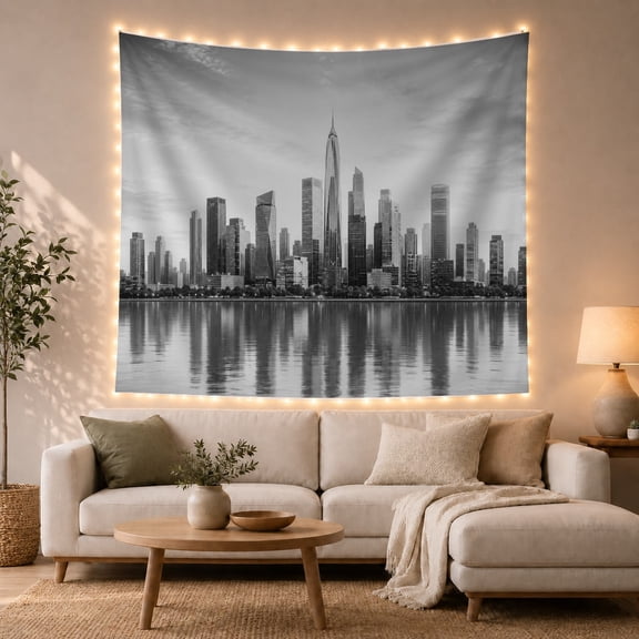 Monochrome City Skyline Above Calm Water, Serene Minimalist for Cityscape Fans, Urban Wall Art, Housewarming Gift, Tapestry Wall Hanging for Bedroom and Living Room