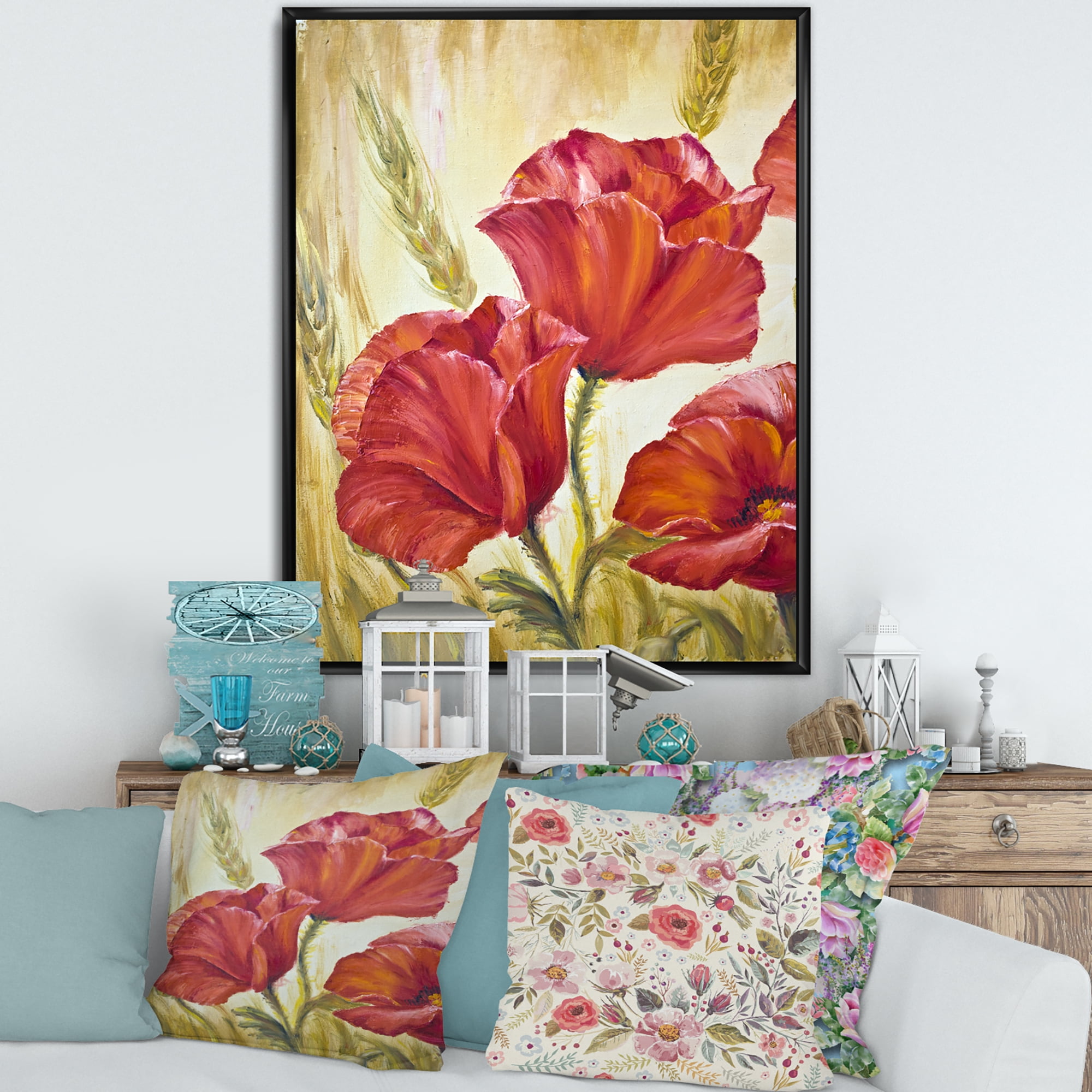 Designart 'Blossoming Red Poppies In Wheat Fields II' Traditional Framed Canvas Wall Art Print