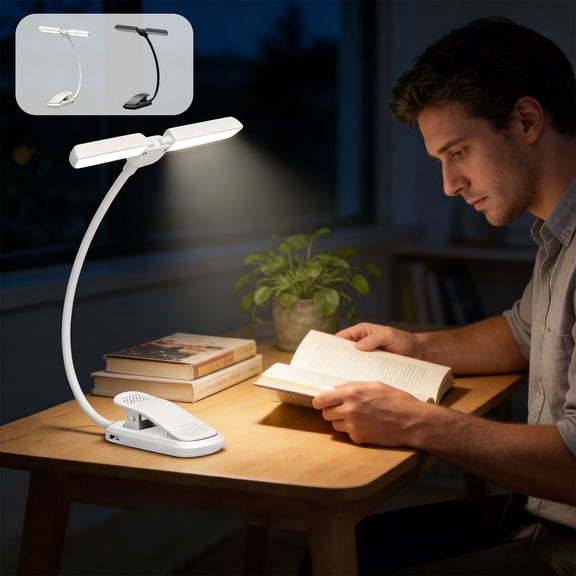 Rechargeable LED Desk Lamp Double Head Clip On | Adjustable Brightness & Color Temperature | Eye Caring Flicker Free Light | Portable Wireless Light for Home Office Study | White/Black