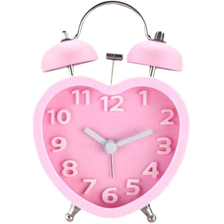 Pink Heart Shape Twin Bell Alarm Clock, Silent Quartz Nightlight Battery Operated for Heavy Sleepers
