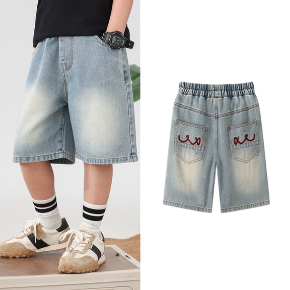 Denim Shorts Boys Straight Leg Loose Elastic Waist Shorts Boys 4-5 Years Shorts