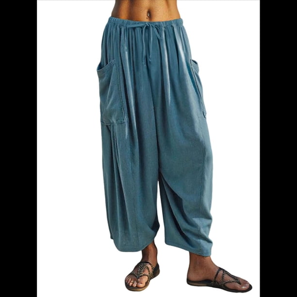 Pantalones Palazzo Harem Informales Holgados con Cordón para Mujer, para Verano, Playa, Viajes, Vacaciones, con Bolsillos. Azul Pavo Real L