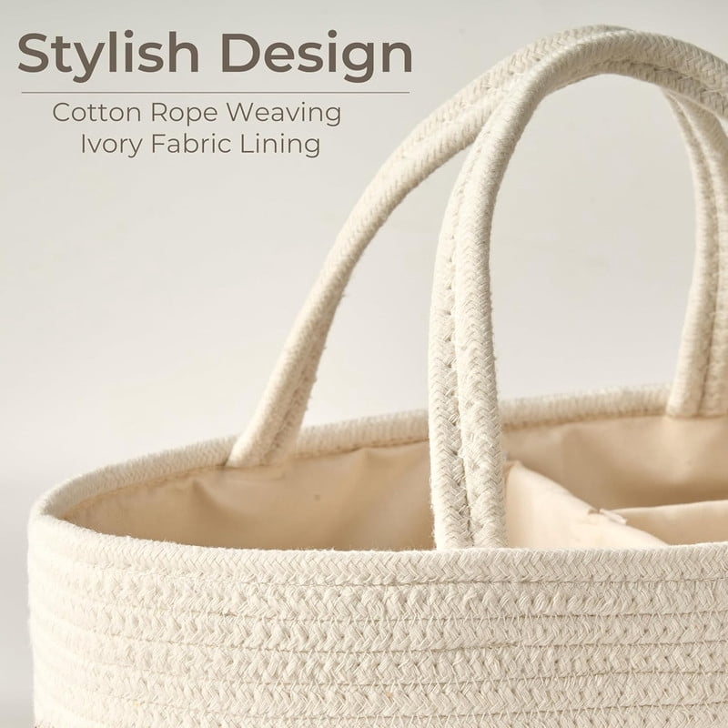 Nappy Caddy, Cotton Rope Baby Storage Basket for Newborn Essentials Portable Organiser with Detachable Compartments for Changing Table, Nursery or Car