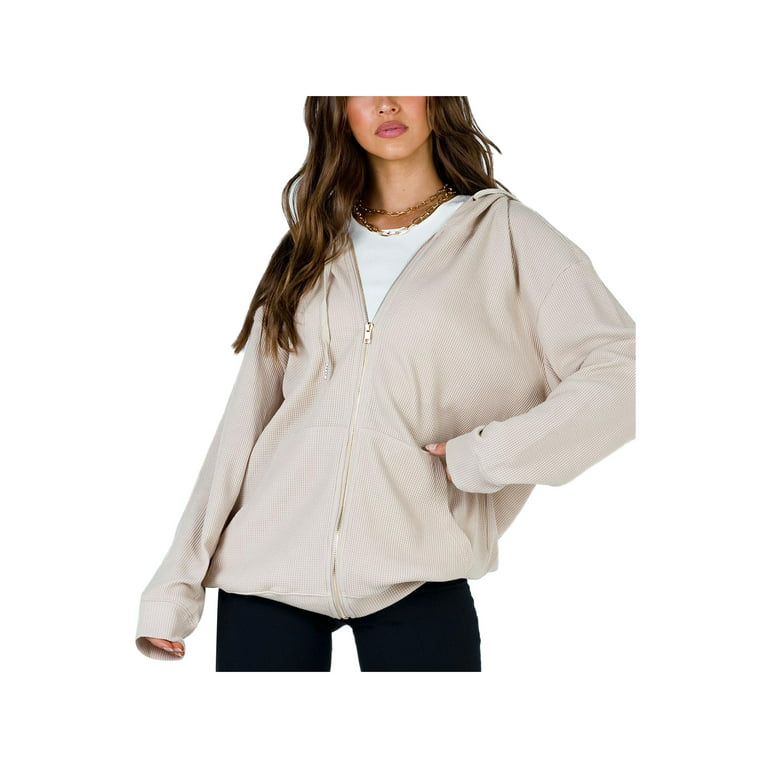 wybzd Women's Oversized Zip Up Hoodie Baggy Loose Basic Zipper Hooded  Sweatshirt Coat Y2K Jacket Brown L 