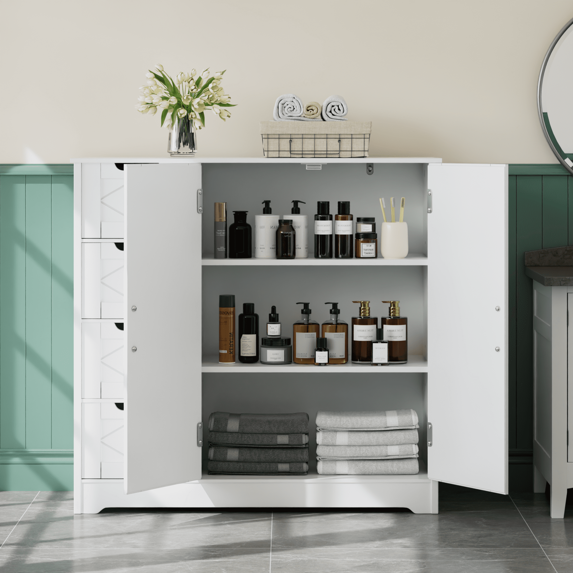 VECELO Bathroom Storage Cabinet, Floor Cabinet with 4 Drawers and Adjustable Shelf, Double Door Storage Organizer for Living Room,Bathroom, Kitchen, Entryway, White