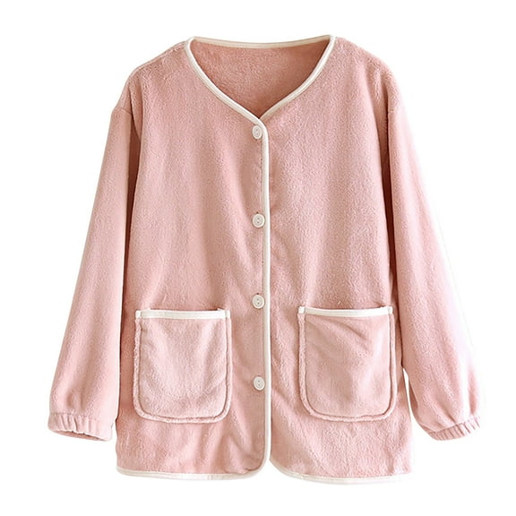 APEXFWDT Women Fleece Bed Jacket Button Front Long Sleeve House Coat with Pockets Loungewear