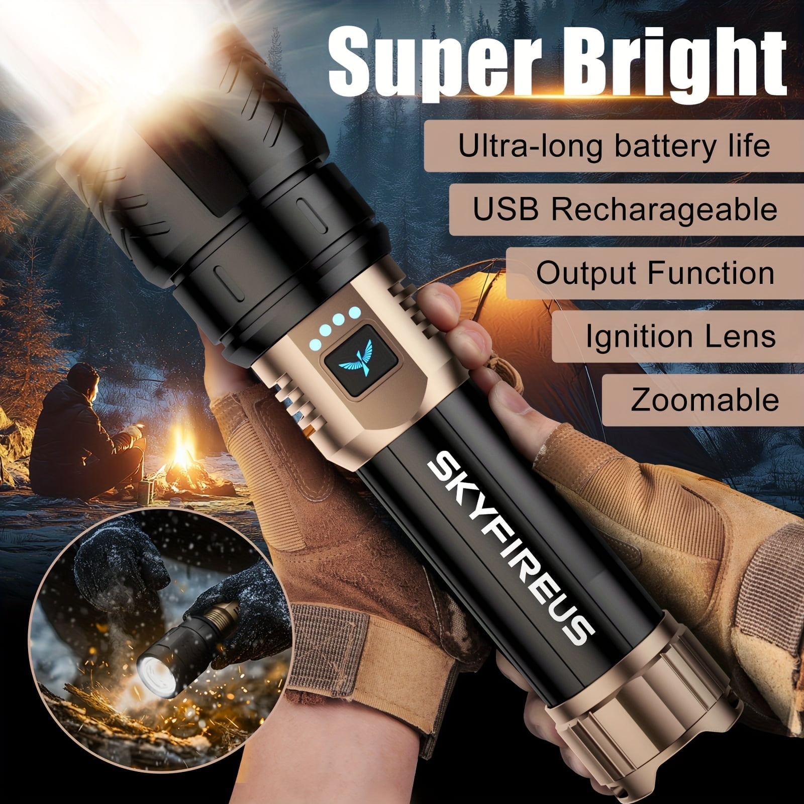 SKYFIRE Flashlight: High-brightness, adjustable focusing function, four modes, suitable for camping, outdoor activities, farms and household use.