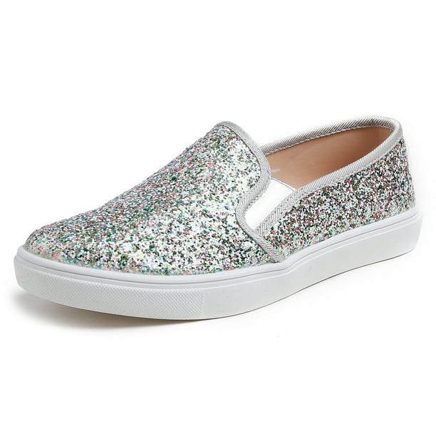 Feversole Women's Fashion Slip-On Sneaker Casual Flat Loafers Silver ...