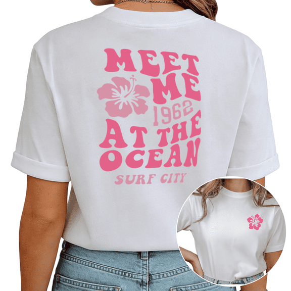 White Pink Hibiscus Ocean Print Tshirt Graphic Tees Shirts S-5XL Beach Aesthetic Casual Tops