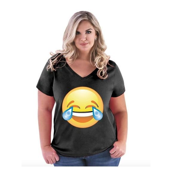 Women's Plus Size V-neck T-Shirt - Emoji Laughing Tears