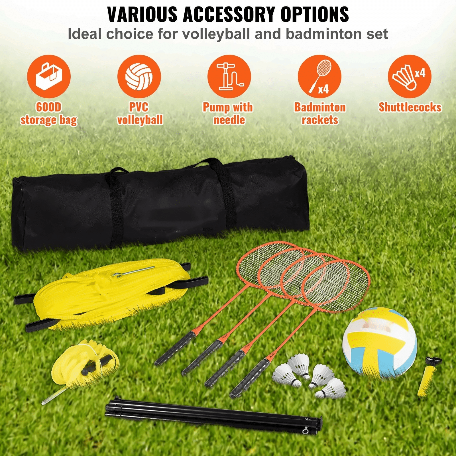 Volleyball Badminton Set, Portable Outdoor Net, Adjustable Height, Steel Poles, Professional Combo with PVC Volleyball & Rackets