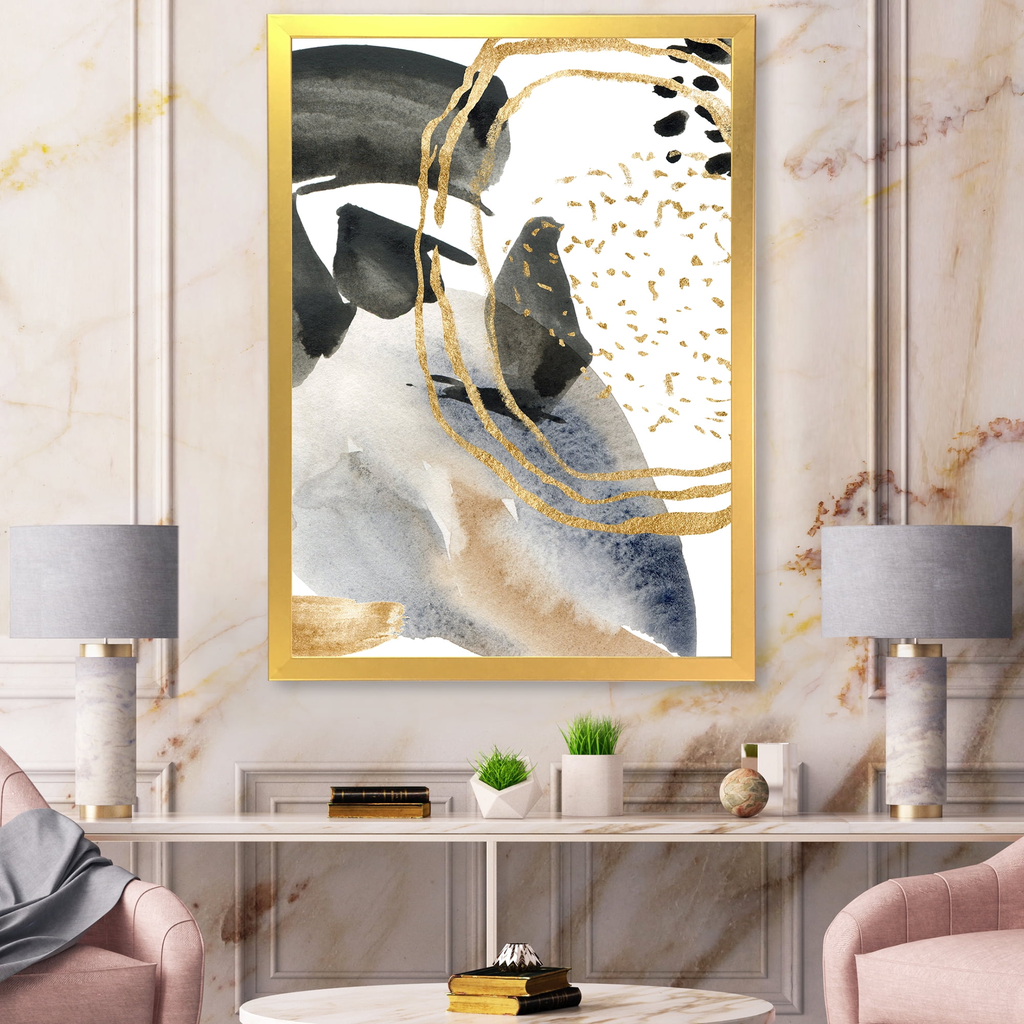 Designart 'Pastel Abstract With Black Blue Beige and Gold Spots' Modern Framed Art Print