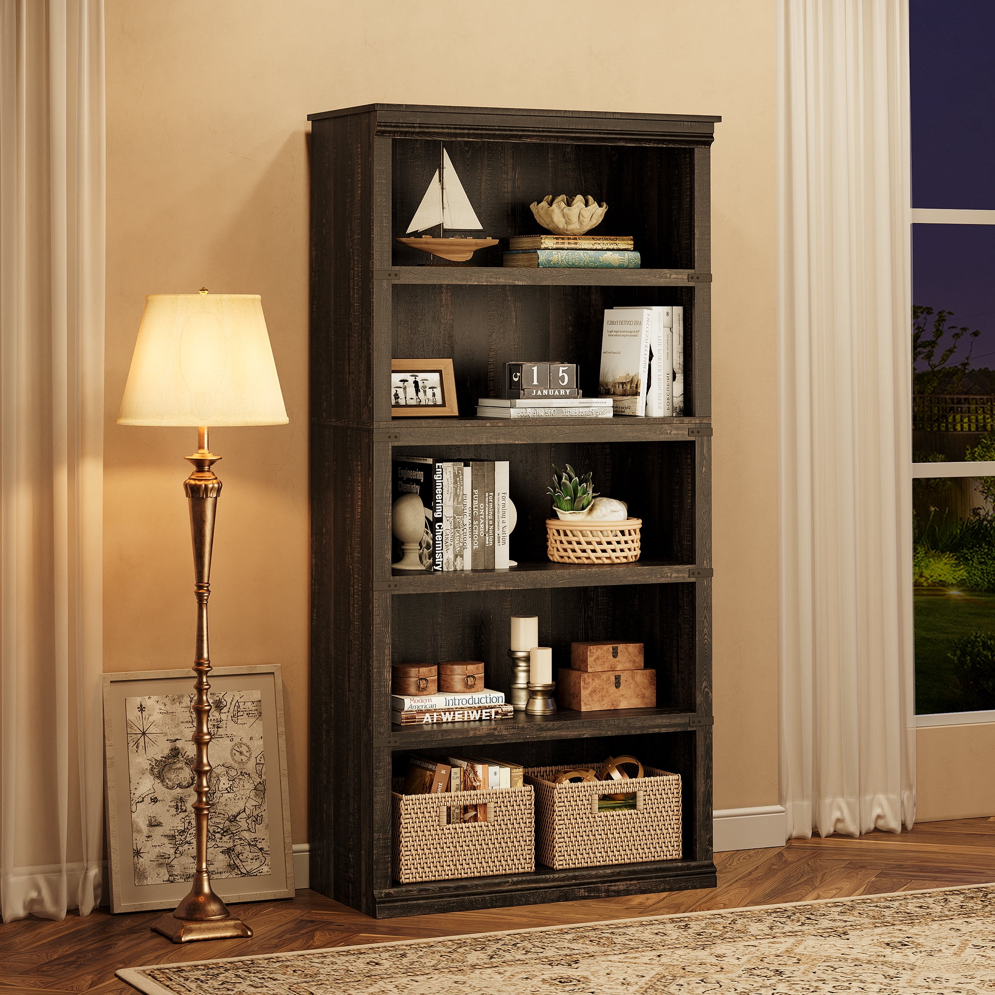 Aoile 5 Tier Farmhouse Bookshelf, 12.7" x 31.4" x 67.4" Heavy Duty Freestanding Bookcase, Bookshelves with Storage Open Display for Home Office, Living Room, Bed Room, Bathroom, Oak