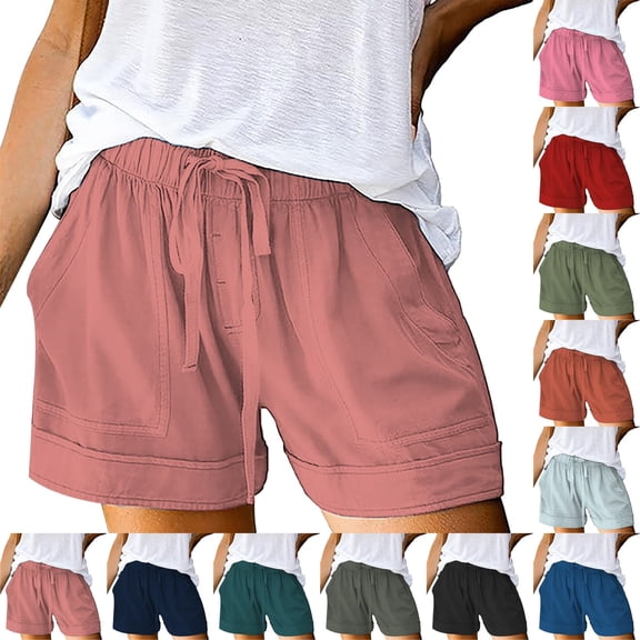 Chroia Women Plus Size Linen Shorts, High Waisted Loose Drawstring Elastic Waist Summer Casual Shorts with Pockets