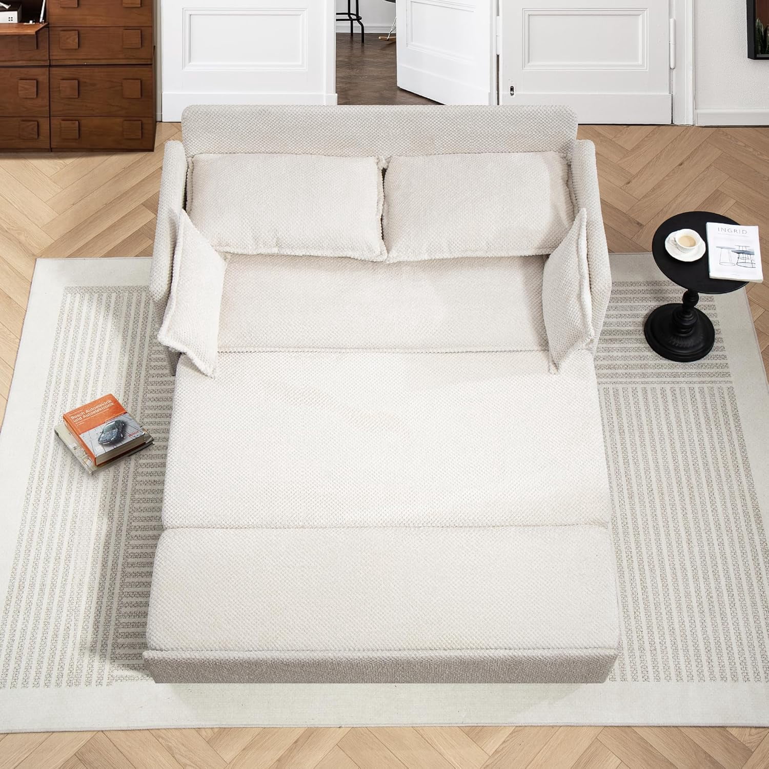 Modern Convertible Sleeper Sofa with USB Charging, Queen-size Corduroy Upholstery Sofa Bed, White