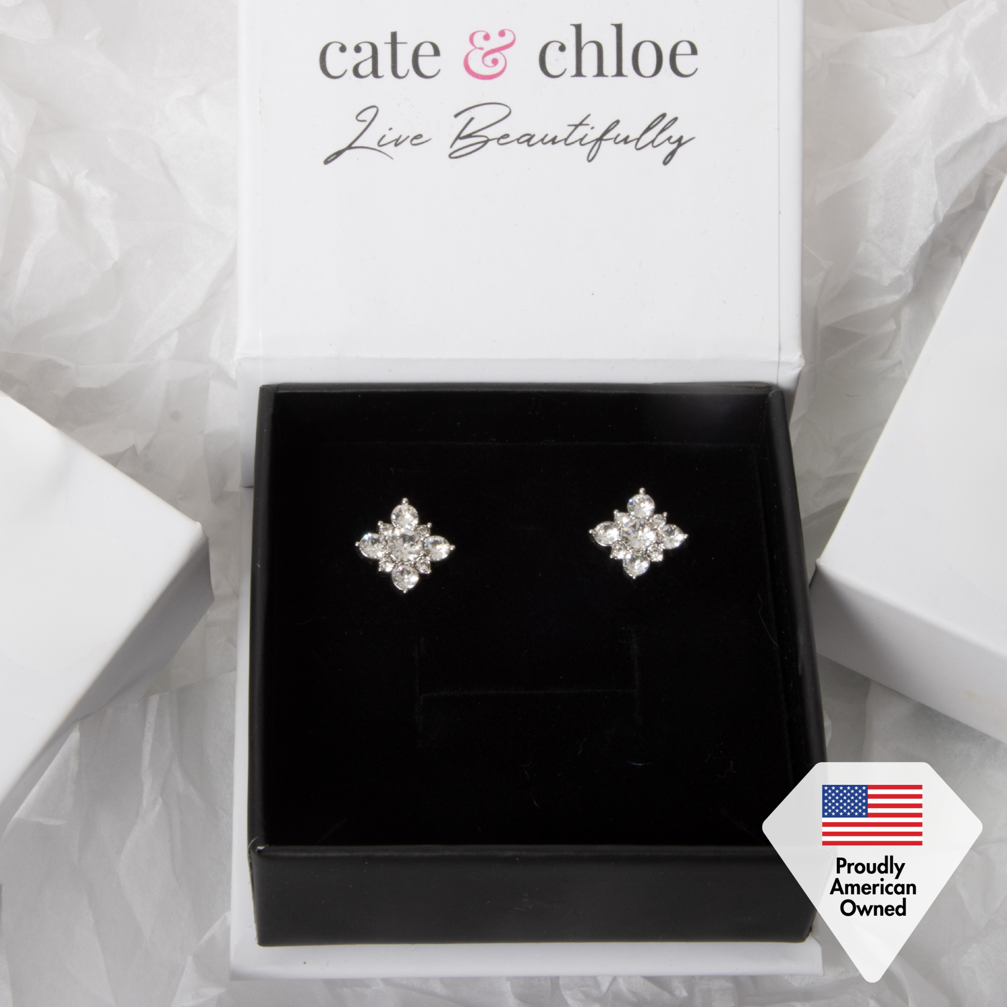Cate & Chloe Macie 18k White Gold Plated Stud Earrings with Swarovski Crystals Gift for Women