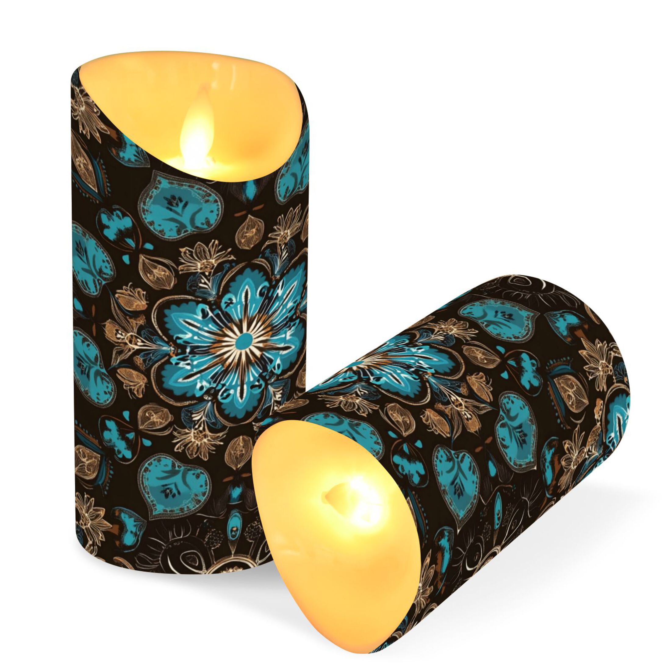 Wobogo Turquoise Mandalas Flameless Candles with Remote Battery Operated Flickering LED Candles with Timer 2/4/6/8H Medium Size