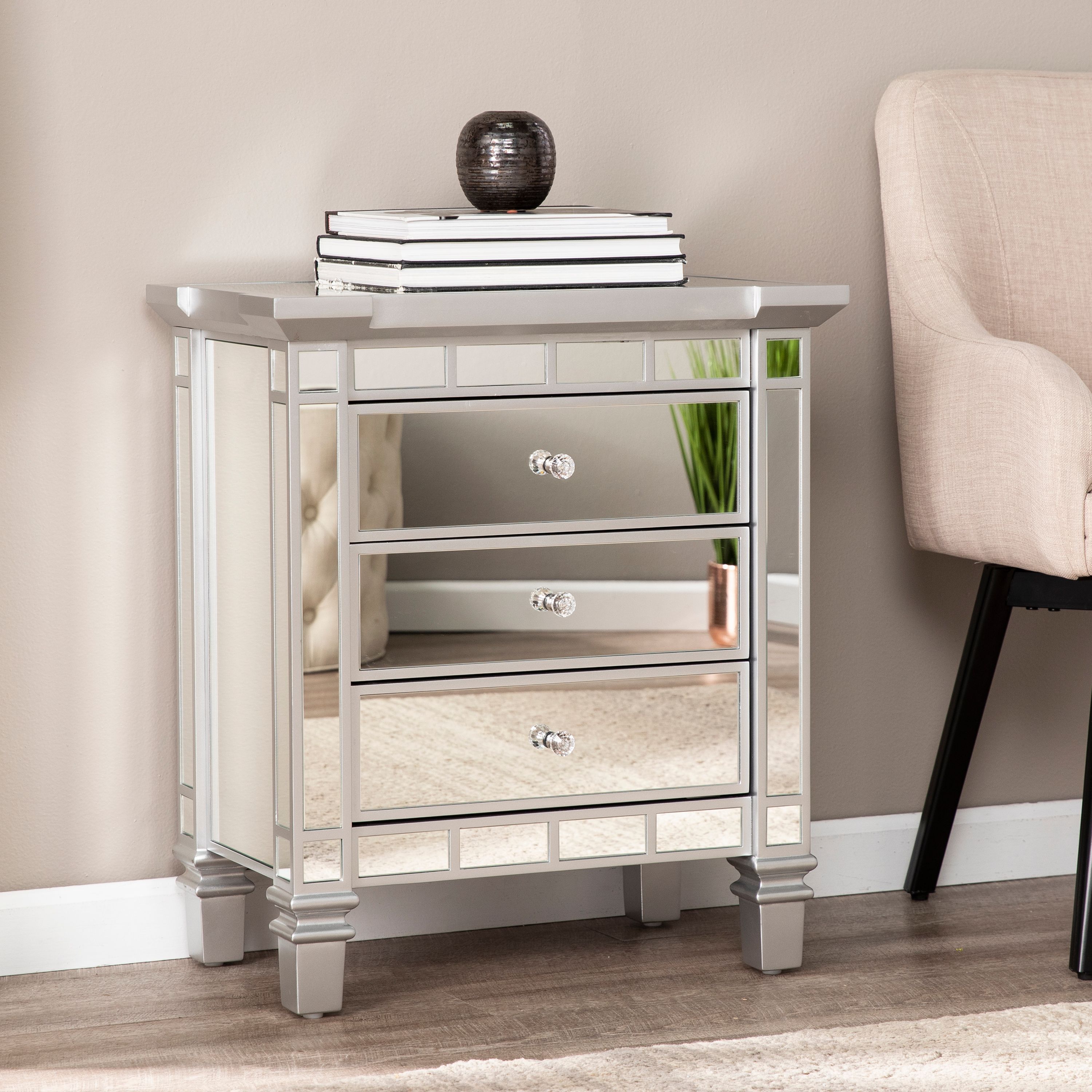 Laveni Mirrored 3Drawer Accent Chest, Glam, Gray