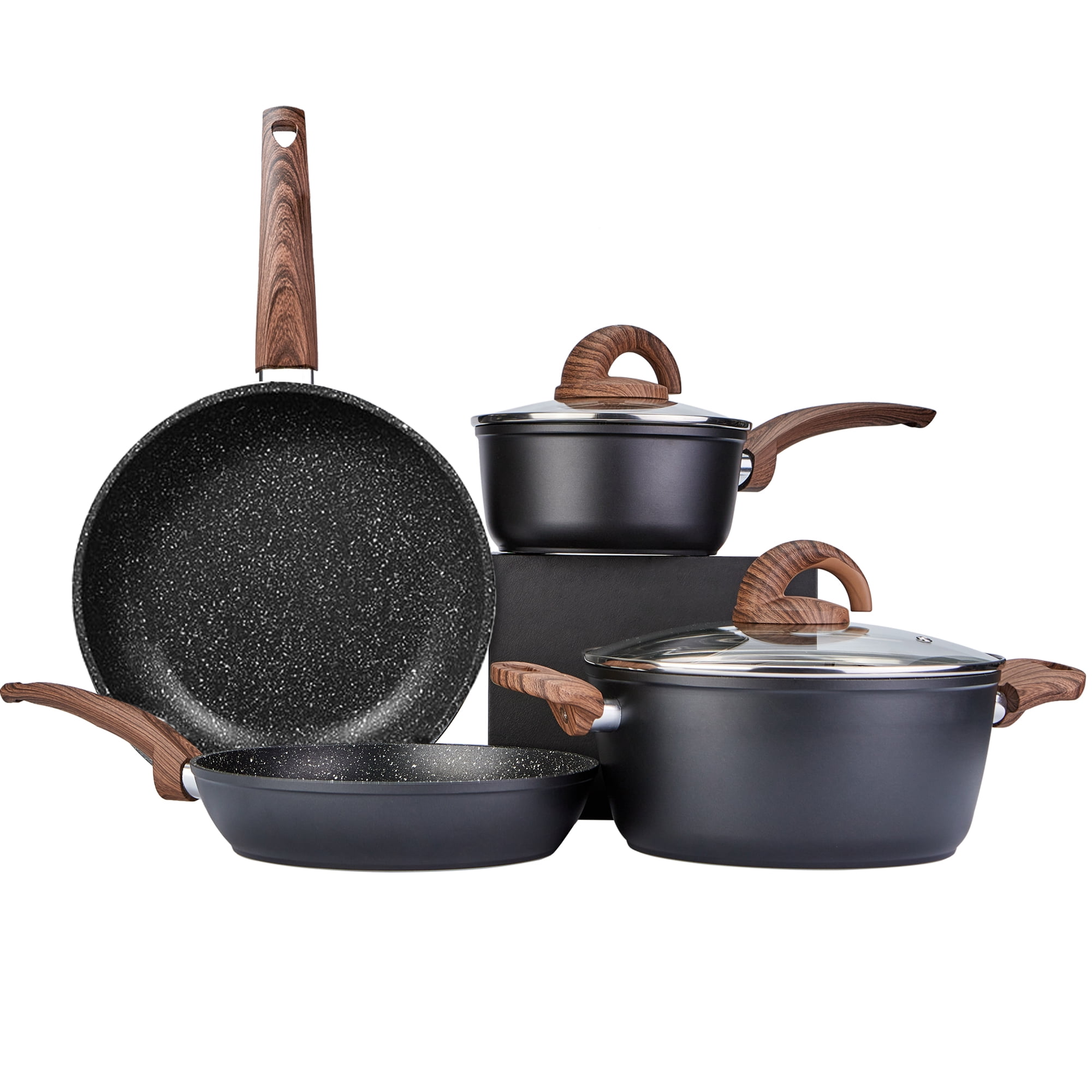 Vkoocy Nonstick Pots and Pans Set, 6 Pcs Black Granite Induction