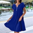 thumbnail image 2 of Vestido de Verano para Mujer, Corta, Cuello en V, Holgado, Informal, Plisado, Túnica Larga, para Playa, Azul, Talla M, 2 of 5
