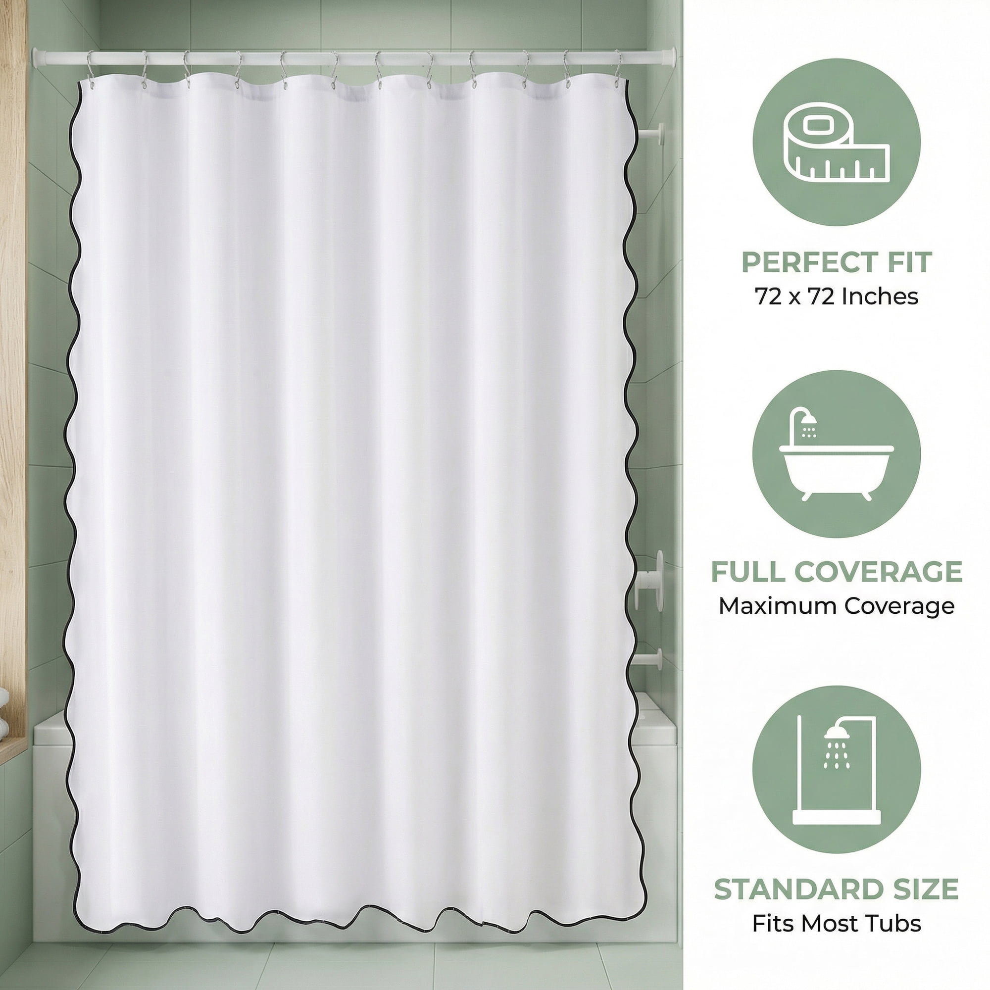 Unique Bargains Boho Wavy Trim Shower Curtain Sets with 12 Hooks White 72"W x 72"L