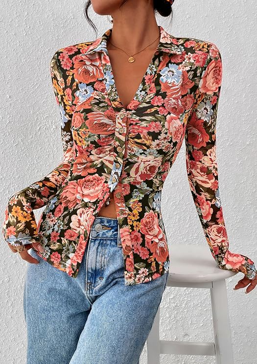 Prettygarden Women's Floral Button-Down Ruched Blouse photo 6
