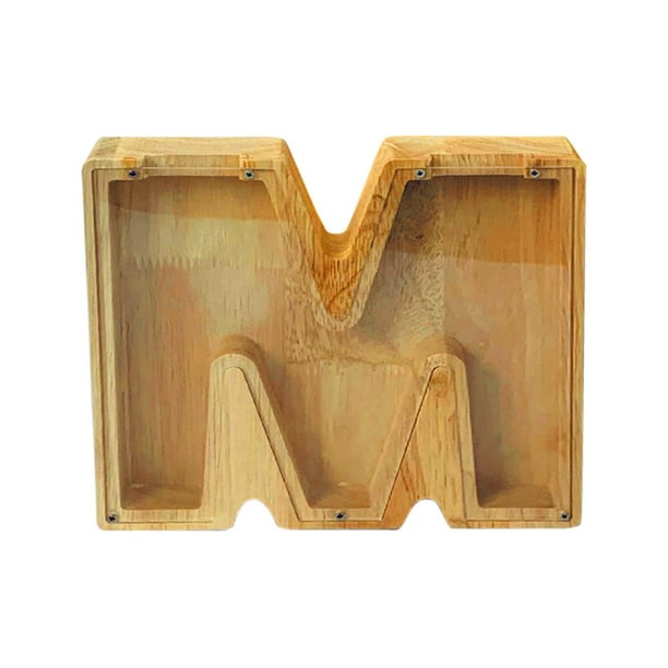 Lata de ahorro de madera con letras en inglés y cristal transparente.