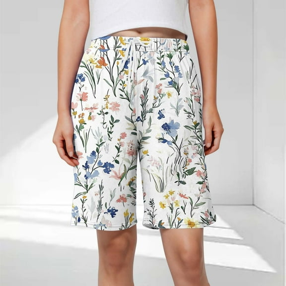 Sakmal Straight Leg Shorts Women Drawstring Bermuda High Waisted Knee Length Floral Stretchy Womens Shorts with Pockets